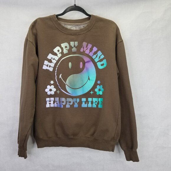 Desert Dreamer x Smiley Sweatshirt Women M Happy Mind Happy Life Brown Metallic - Picture 1 of 10